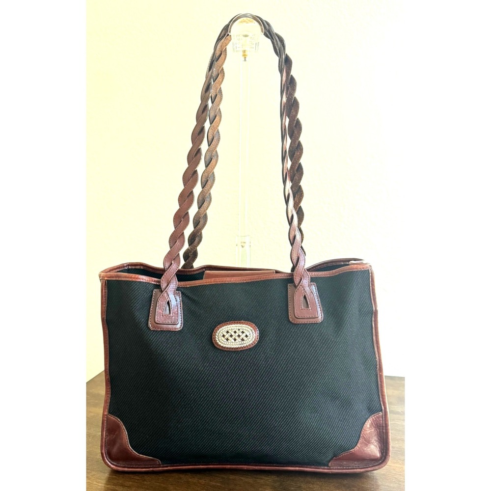 Brighton Jani Tote Woven Black Fabric Brown Leather Trim Braided Handles Purse